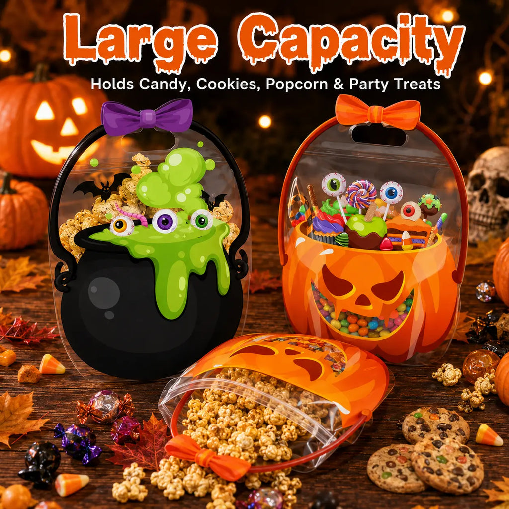 Halloween Plastic Goodie Bags with Pumpkin, Skull, Cat & Skeleton Designs for Candy, Classroom & Party Favors