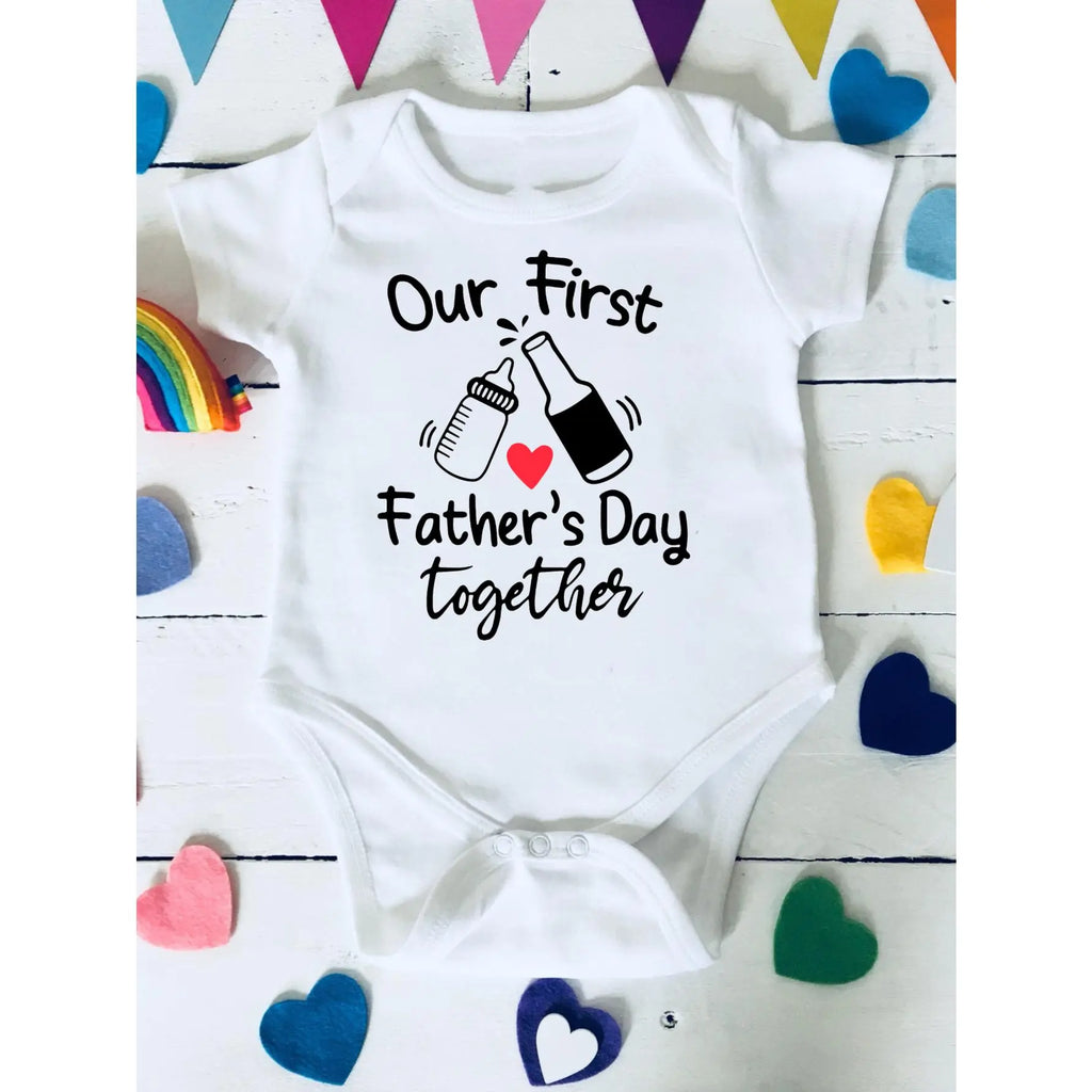 Cute Baby Bodysuit with Our First Fathers Day Together Bottle And Beer Design Print Soft Versatile Round Neck Button Detail Regular Fit All Seasons Knitted Fabric Onesie for 0-12 Months