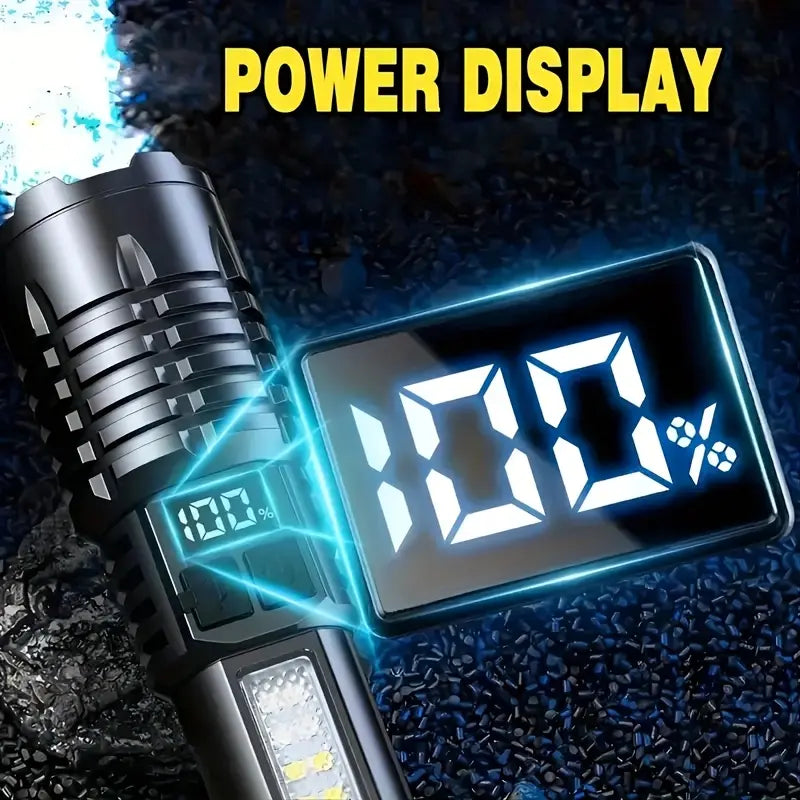 Rechargeable LED Flashlight with 5 Modes, Zoomable Beam & LCD Digital Display for Camping, Hiking, Fishing & Emergency Use