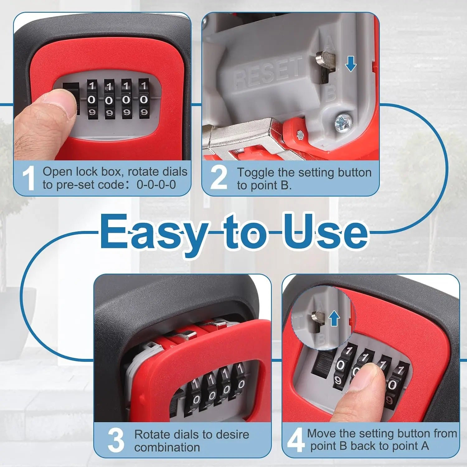 Wall Mount Key Lock Box with 4-Digit Resettable Combination for Home, Office, Garage & Outdoor Key Storage      1/2