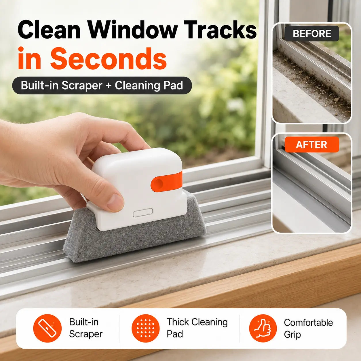 Window Track Cleaner Kit - 2-in-1 Tool with Built-in Scraper, Deep Gap Brush, 2 Replacement Pads for Sliding Doors, Home Cleaning