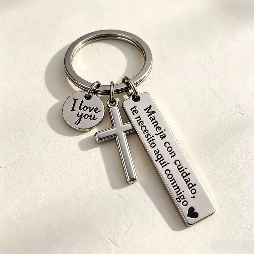 Spanish "Te Necesito Aquí Conmigo" Religious Drive Safe Keyring for Him/Her
