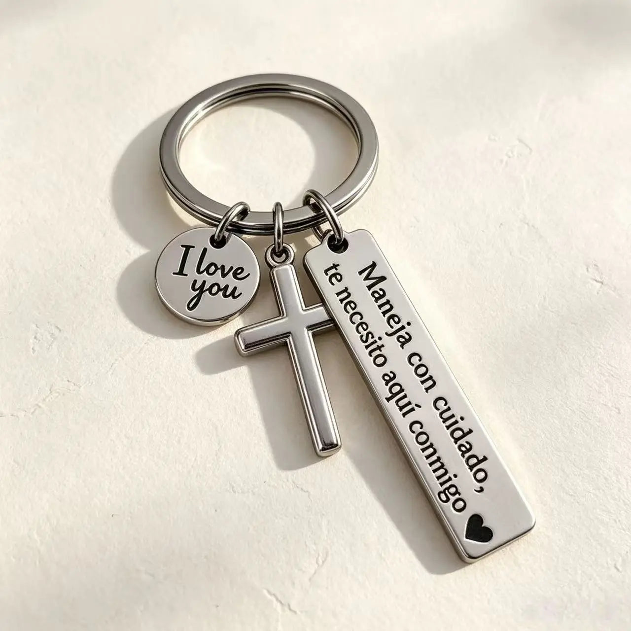 Spanish "Te Necesito Aquí Conmigo" Religious Drive Safe Keyring for Him/Her