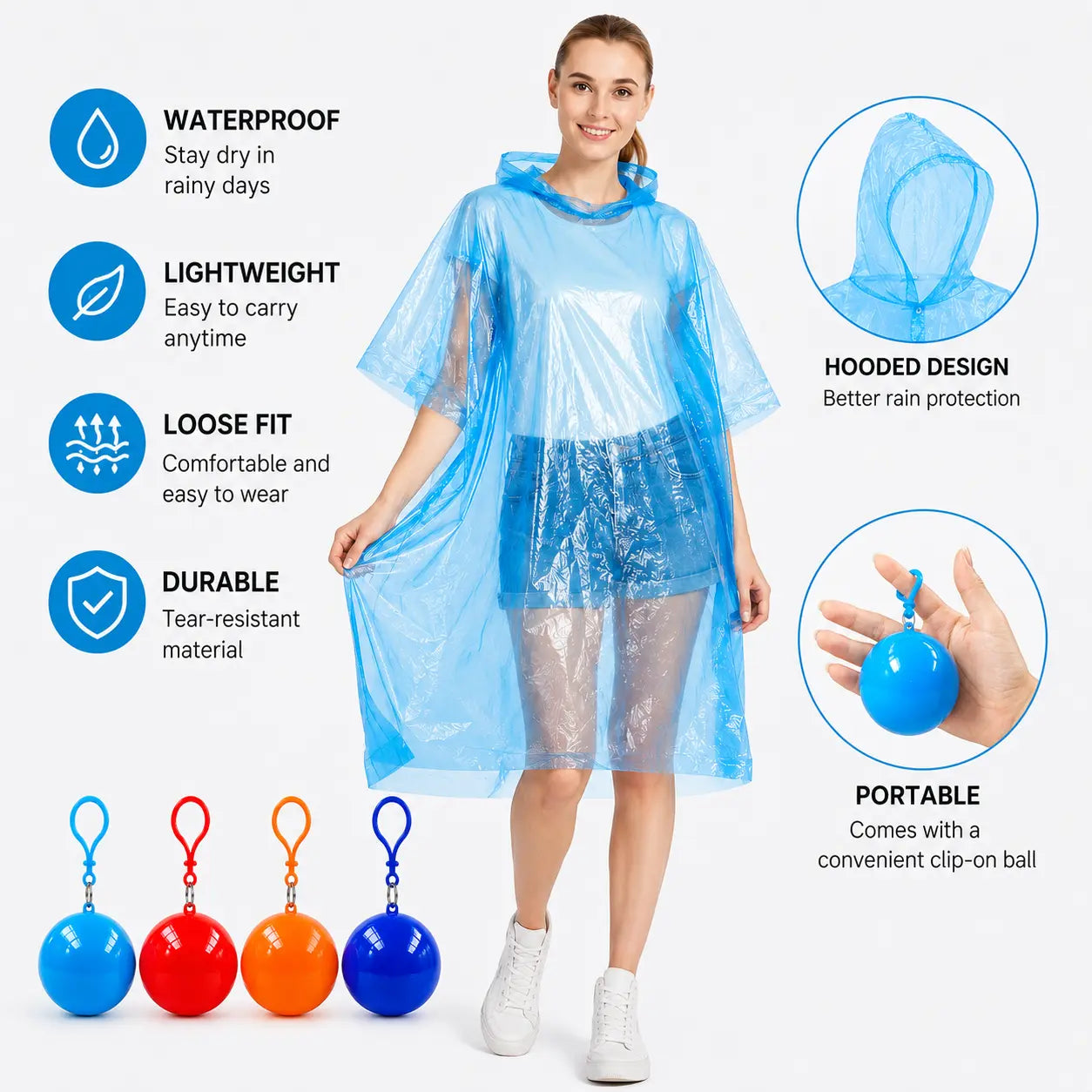 Waterproof Hooded Disposable Rain Poncho with Keychain Ball, Portable Tear-Resistant Raincoat for Camping & Travel