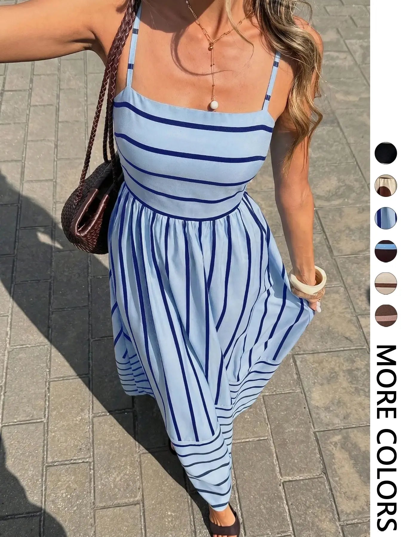 Women's Striped Print Casual Lightweight Summer Vacation Square Neck Thin Strap Dress, French Vintage Style, Perfect for Holidays