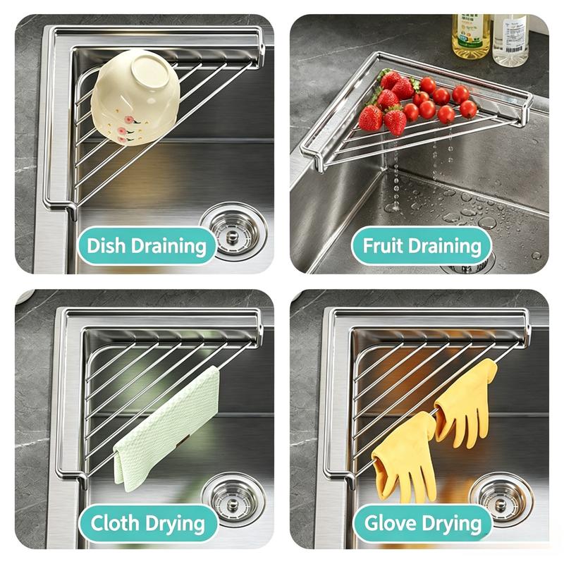 Stainless Steel Corner Sink Shelf with Triangular Open Wire Rack Design, Drainage and Raised Side for Daily Sink Areas Organizer Sponge Holder Cloth Rack Brush Rest Triangular Shelf Open