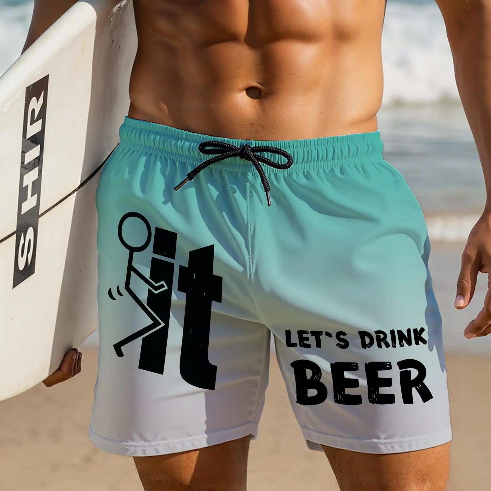 "F*ck It, Let's Drink Beer" Funny Men's Swim Trunks - Quick-Dry Beach Board Shorts with Pockets