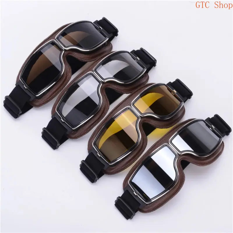 Vintage Leather-Trim Motorcycle Aviator Goggles with Adjustable Strap