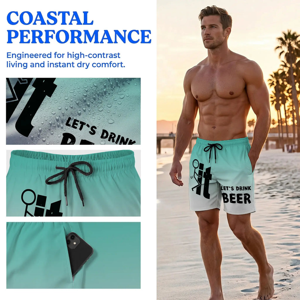 "F*ck It, Let's Drink Beer" Funny Men's Swim Trunks - Quick-Dry Beach Board Shorts with Pockets
