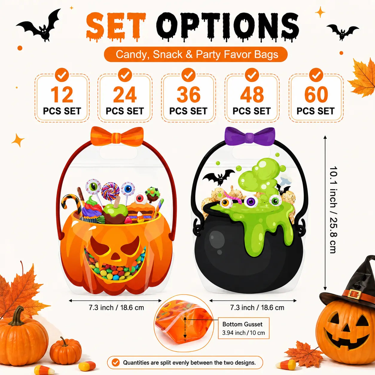 Halloween Plastic Goodie Bags with Pumpkin, Skull, Cat & Skeleton Designs for Candy, Classroom & Party Favors