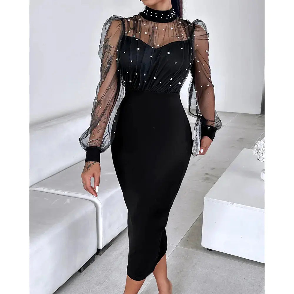 Women's Sheer Mesh Beaded Bodycon Dress, Long Sleeve Slim Fit Maxi Dress for Party, Wedding Guest, Evening Events & Formal Occasion