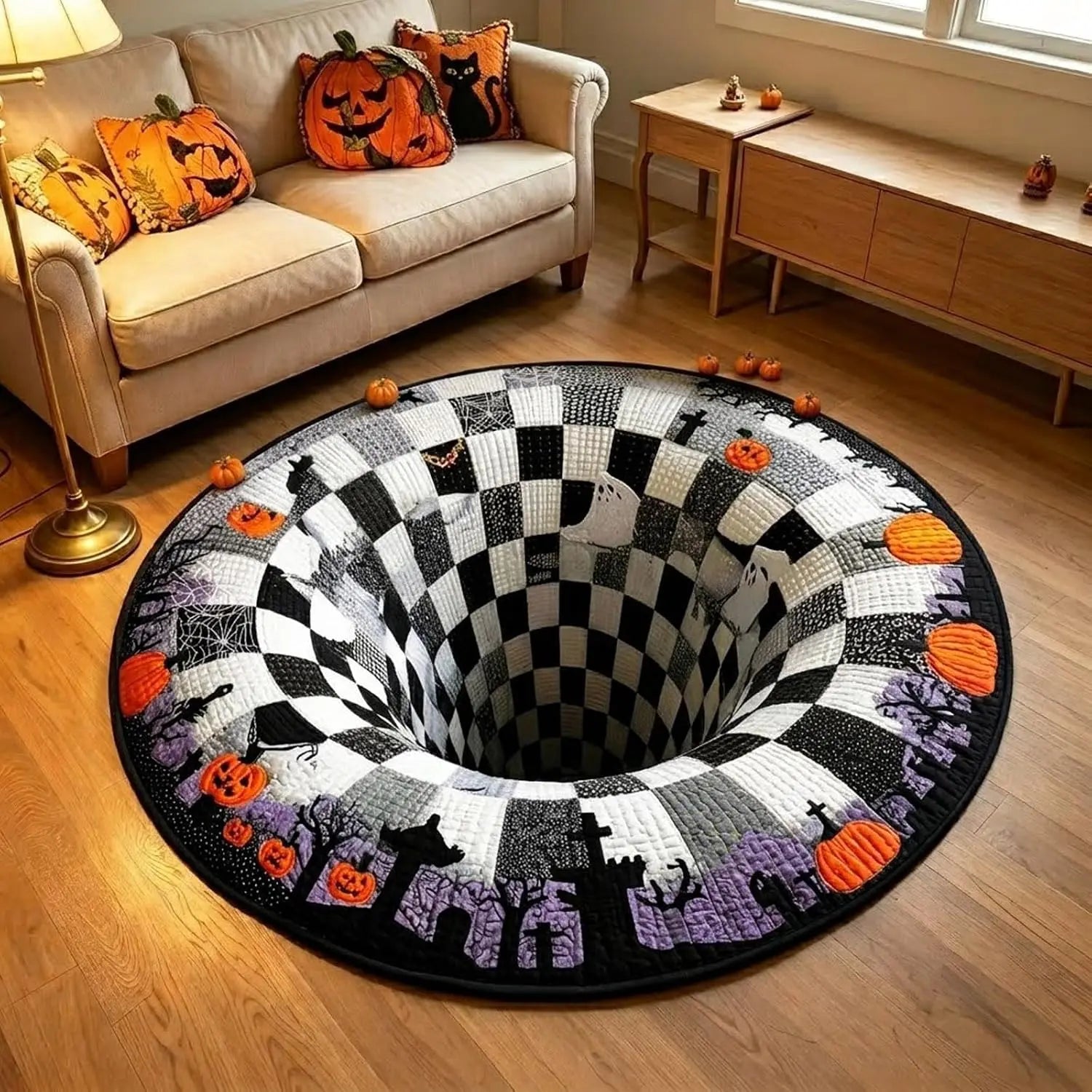 3D Skeleton Vortex Optical Illusion Round Rug, Soft Non-Slip Halloween Mat for Living Room & Indoor Decor