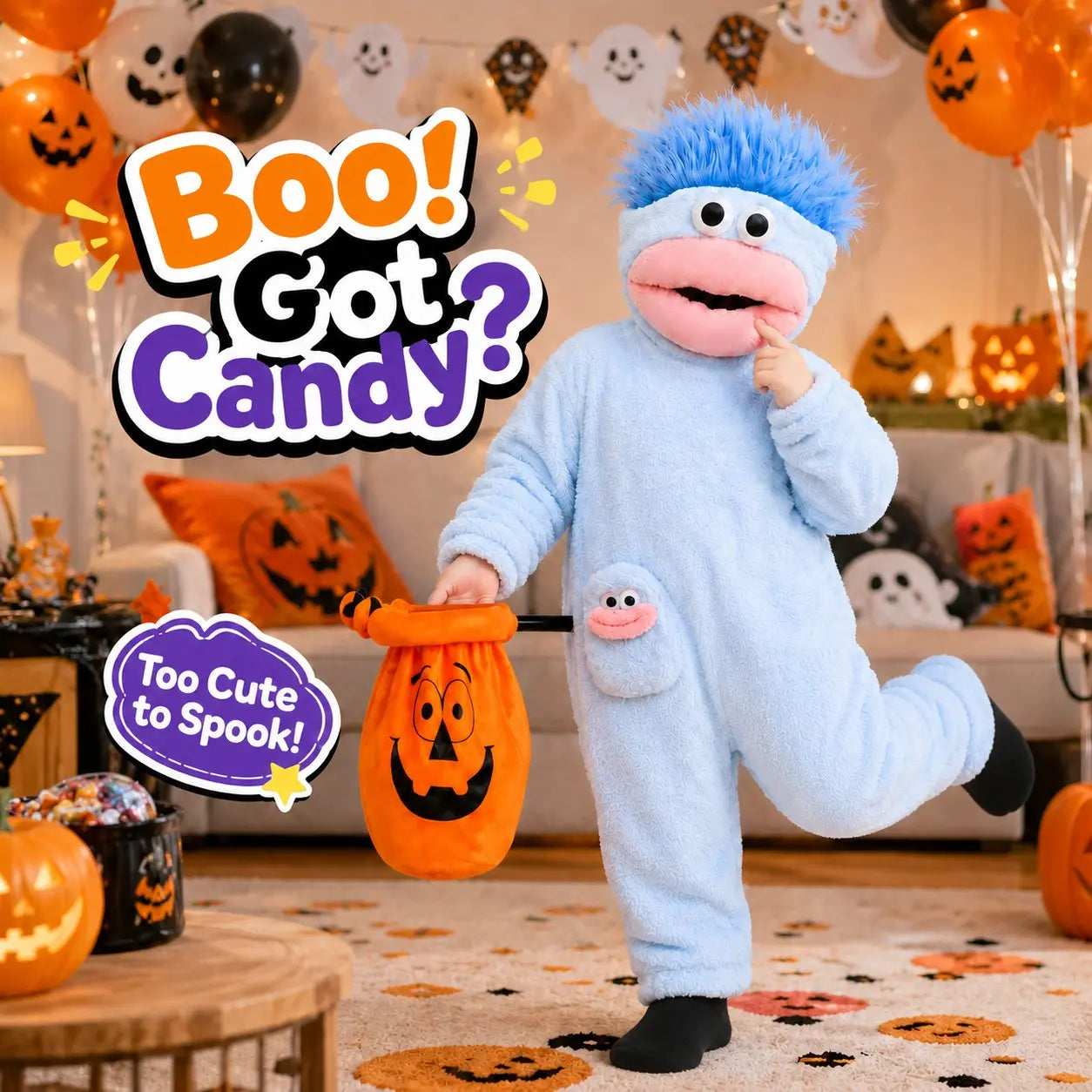 Kids’ Plush Monster Halloween Costume with Pumpkin Bag for Parties & Sleepwear