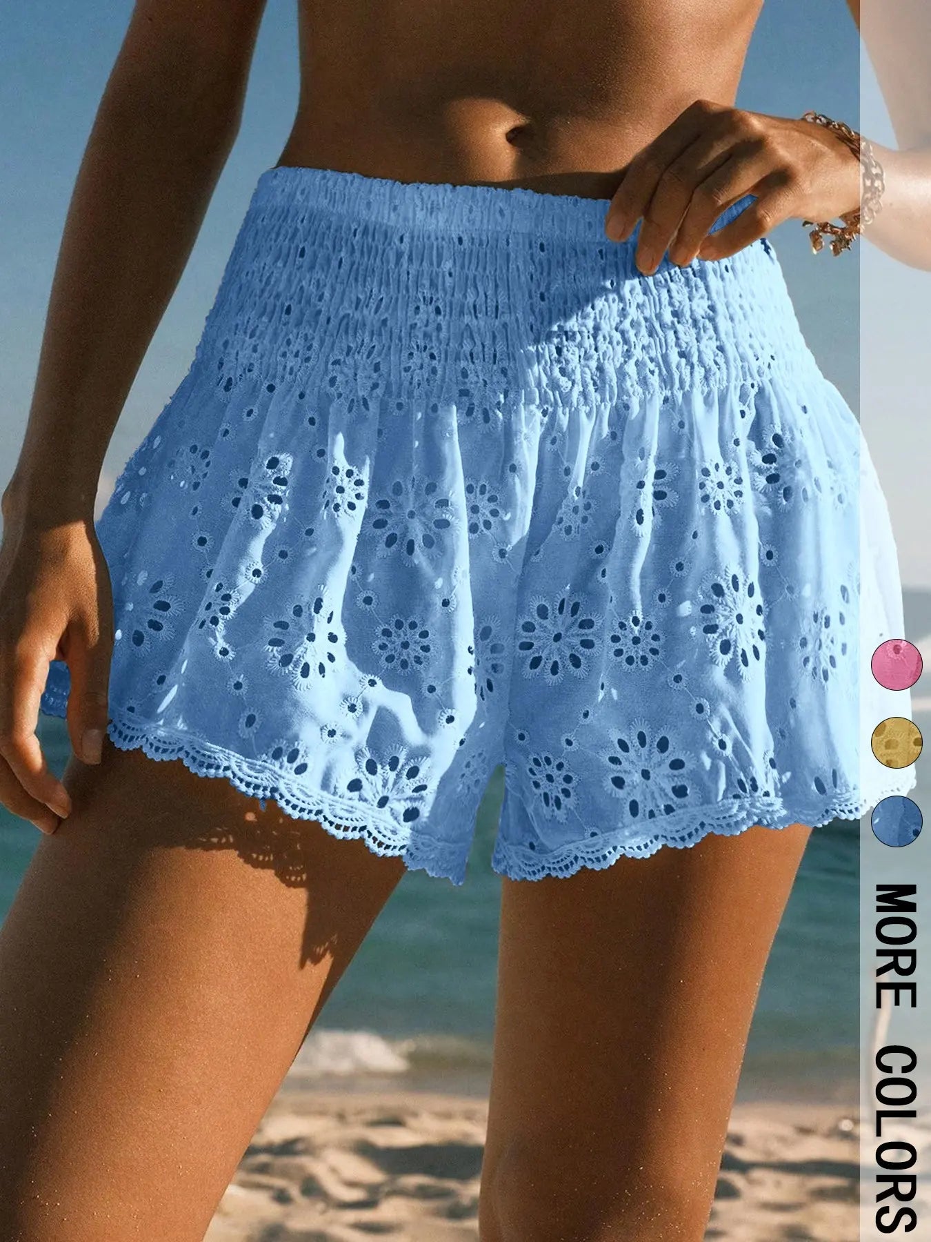 Women's Floral Eyelet Embroidered Shorts with Smocked Waist, Lace-Trim Hem & Fully Lined Loose-Fit Beach Style