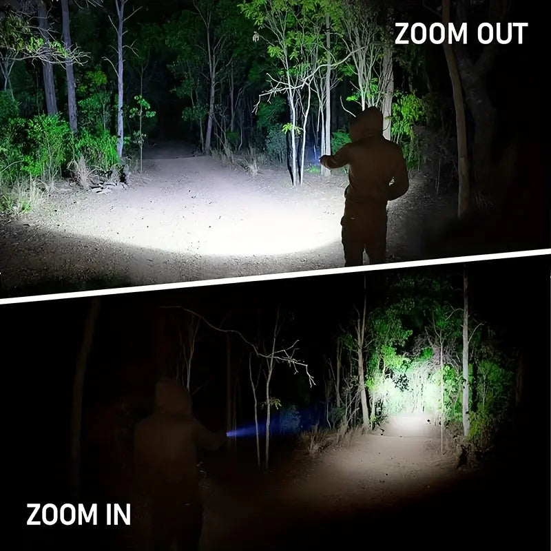 Rechargeable LED Flashlight with 5 Modes, Zoomable Beam & LCD Digital Display for Camping, Hiking, Fishing & Emergency Use