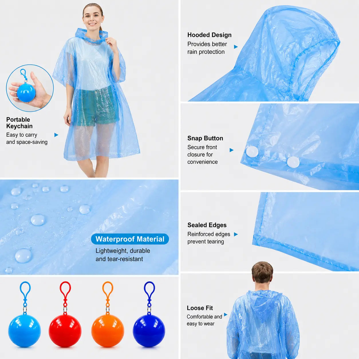 Waterproof Hooded Disposable Rain Poncho with Keychain Ball, Portable Tear-Resistant Raincoat for Camping & Travel