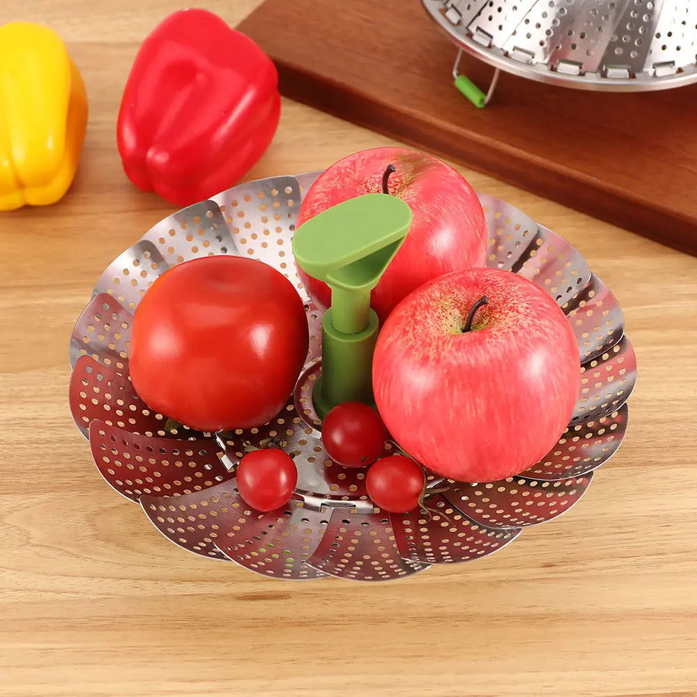 Expandable Stainless Steel Steamer Basket with Extendable Handle, Folding Insert for Various Pot Sizes