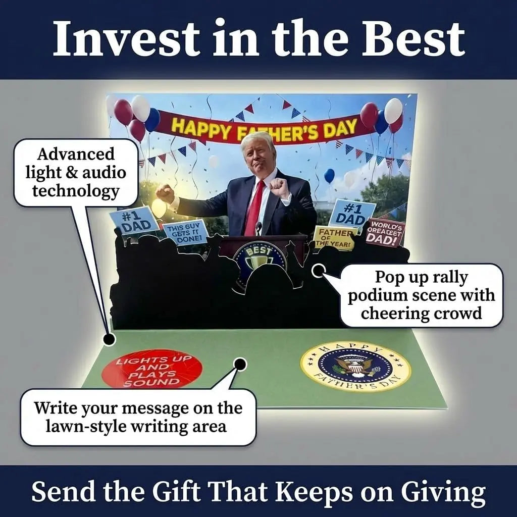 Talking Donald Trump Pop Up Fathers Day Card with Light & Sound - Plays Trump's Real Voice, Funny 3D Pop Up Greeting Card, Presidential Podium Scene, Funny Trump Fathers Day Surprise for Dad