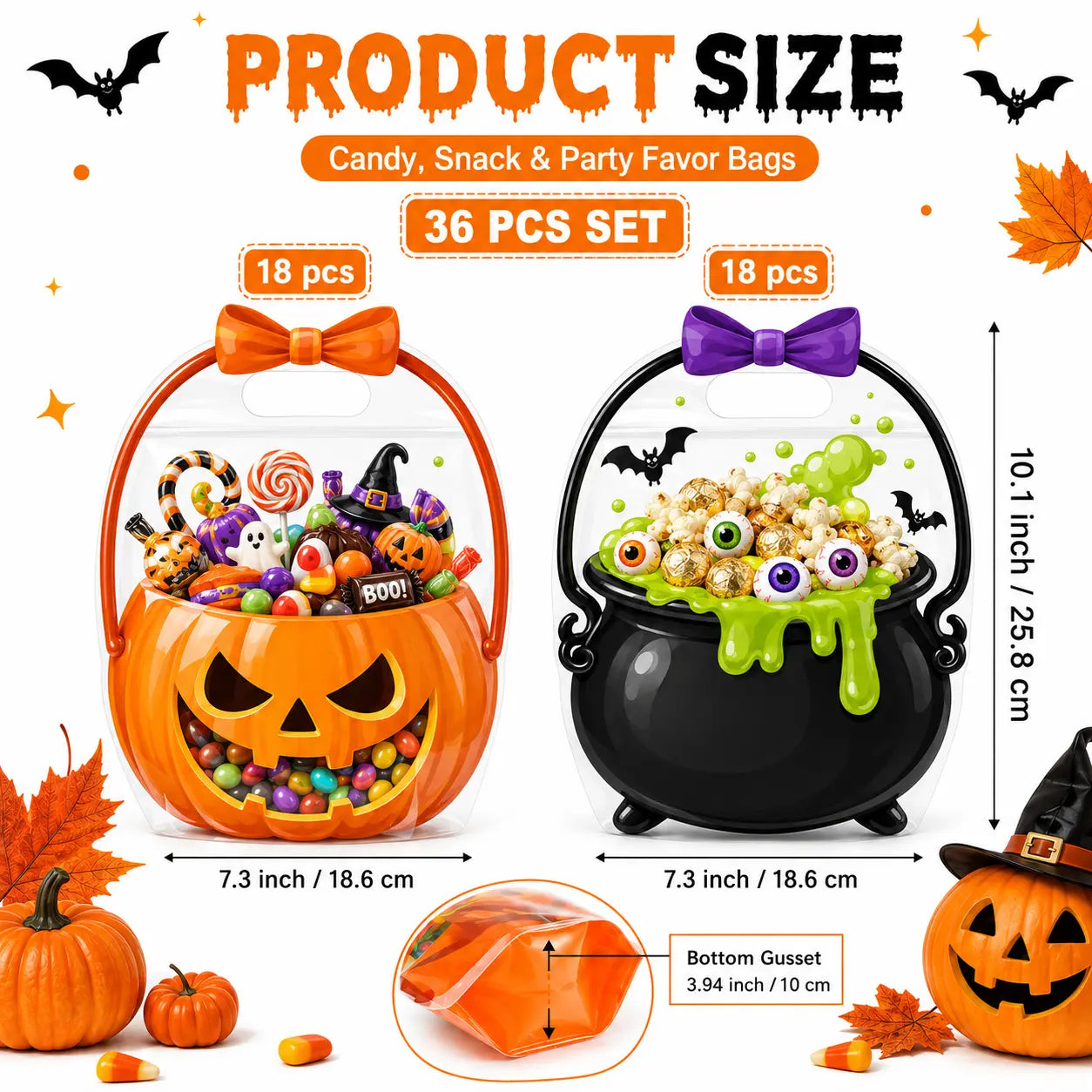 Halloween Plastic Goodie Bags with Pumpkin, Skull, Cat & Skeleton Designs for Candy, Classroom & Party Favors