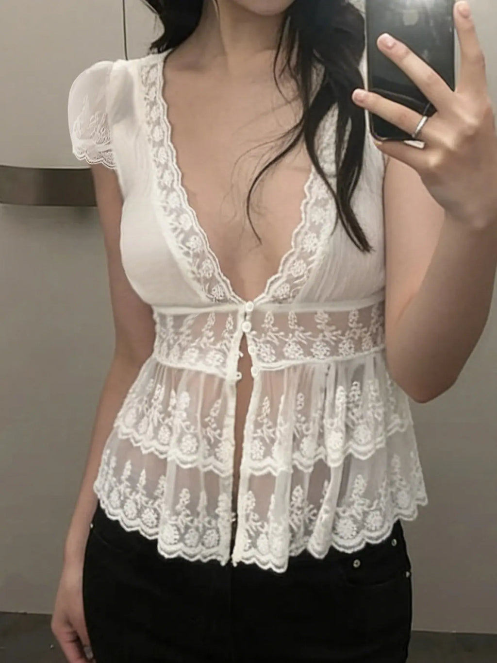 Lace Patchwork Button V-Neck Blouse Shirt Top Y2K Short Sleeve, Cute Retro Casual Classy Elegant Lightweight Layered Pleated Shirt for Girls