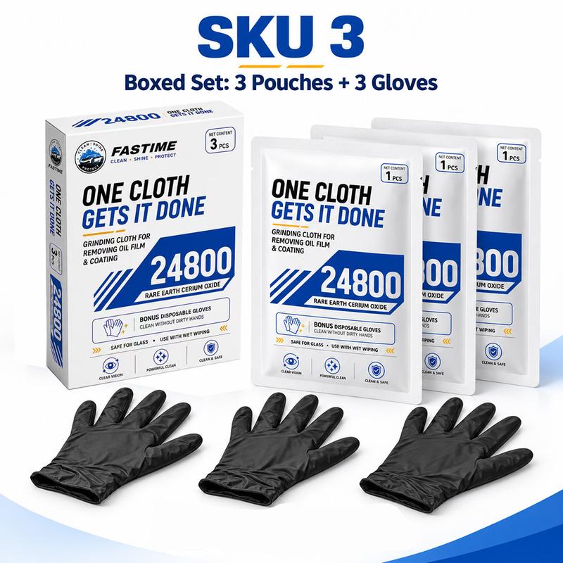 Fastime 24,800-Grit Cerium Oxide Car Glass Polishing Cloths – 3-Pack with Gloves