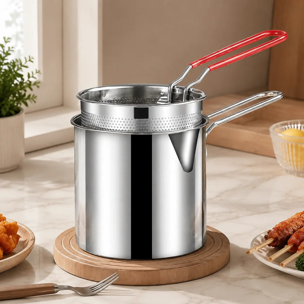 3-Piece Stainless Steel Mini Deep Fryer Set – Portable Pot with Strainer Basket & Food Tongs