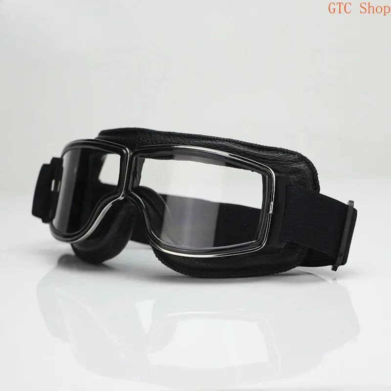 Vintage Leather-Trim Motorcycle Aviator Goggles with Adjustable Strap