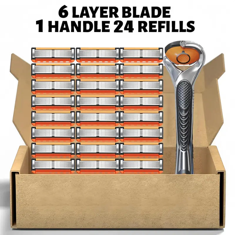 Ultra-Sharp 6-Blade Men's Razor Kit 24/48 Refill Cartridges Plus Free Handle for a Smooth Shave