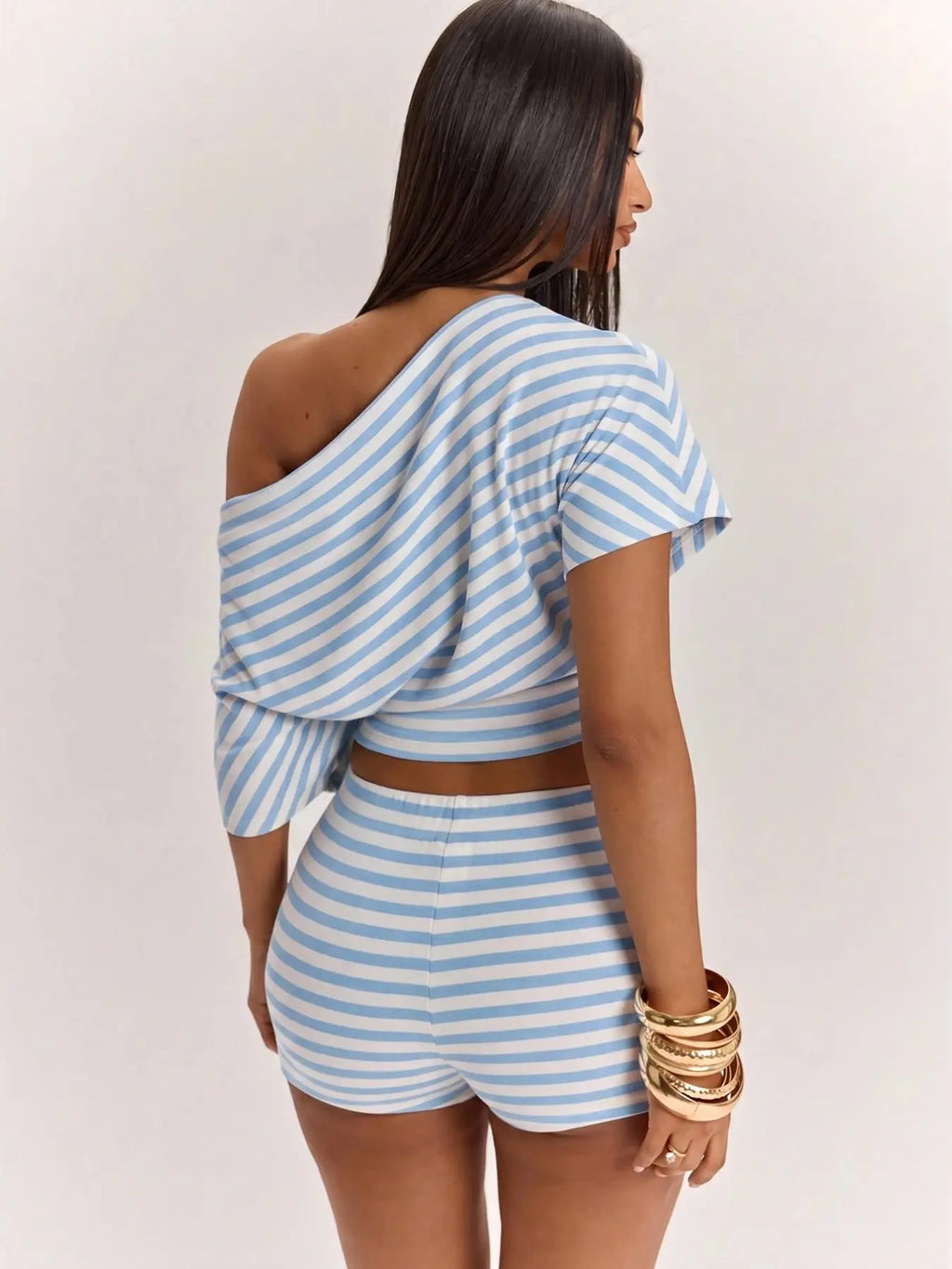 Women's Striped Two-Piece Lounge Set with Off-Shoulder Crop Top & High-Waist Shorts