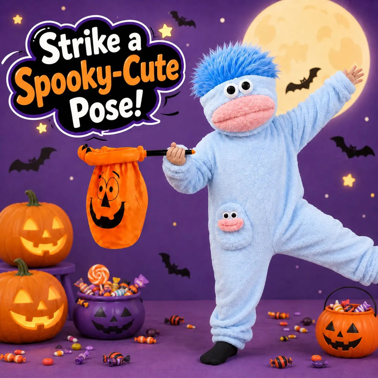 Kids’ Plush Monster Halloween Costume with Pumpkin Bag for Parties & Sleepwear