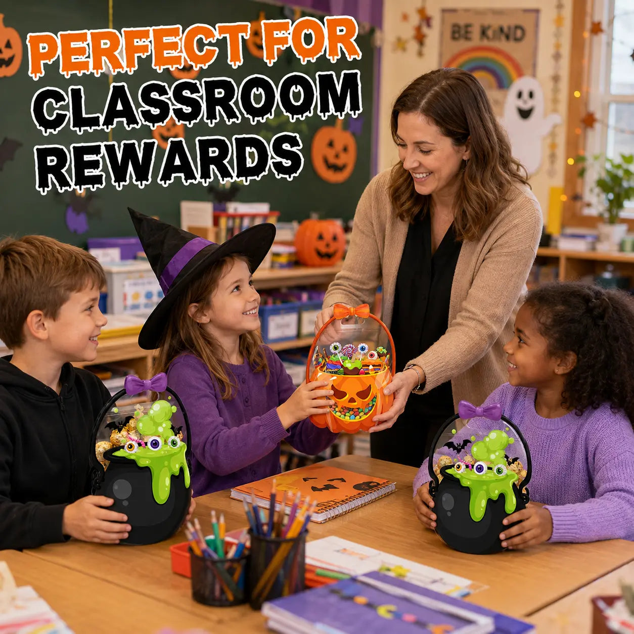 Halloween Plastic Goodie Bags with Pumpkin, Skull, Cat & Skeleton Designs for Candy, Classroom & Party Favors