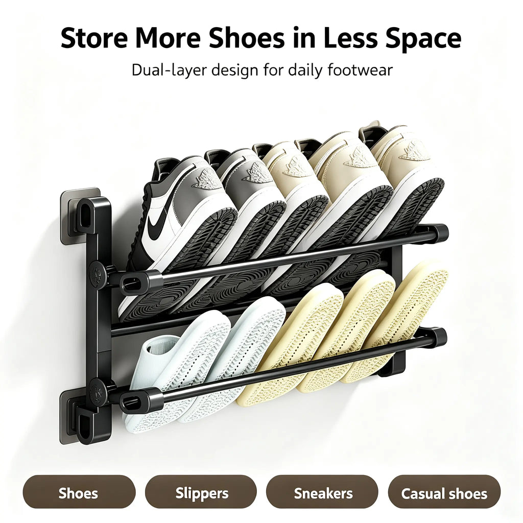 Foldable Wall-Mounted Shoe Rack, Space-Saving Slipper & Shoe Organizer for Bathroom, Entryway, Closet, Bedroom & RV