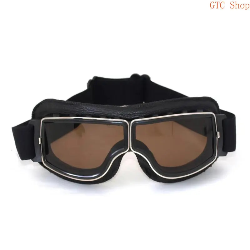 Vintage Leather-Trim Motorcycle Aviator Goggles with Adjustable Strap