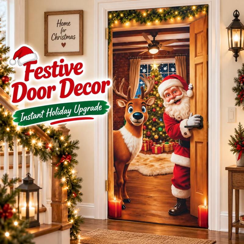 Santa & Reindeer Stretch-Fabric Christmas Door Cover