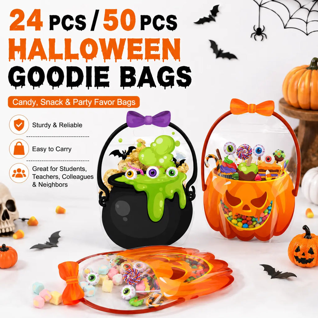Halloween Plastic Goodie Bags with Pumpkin, Skull, Cat & Skeleton Designs for Candy, Classroom & Party Favors