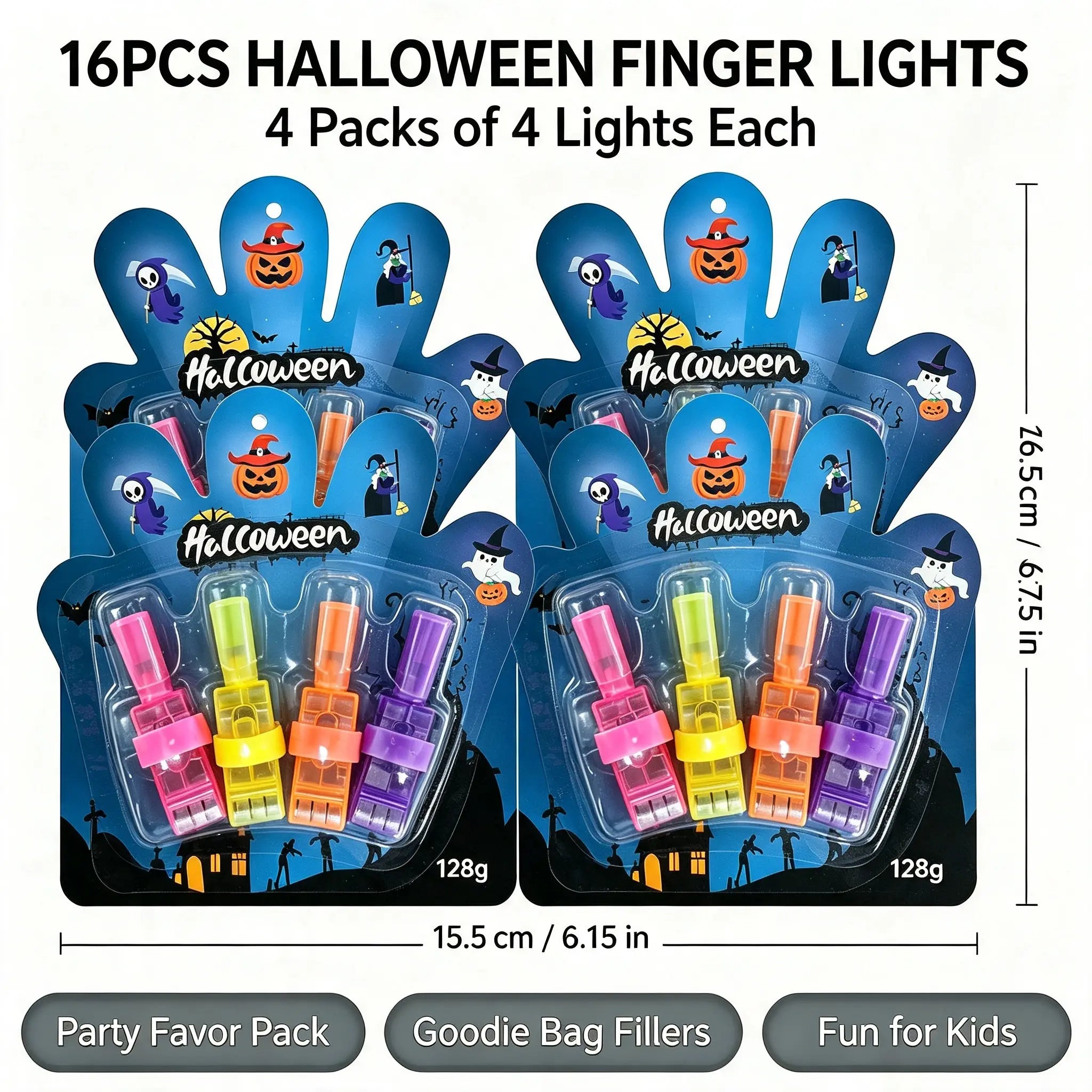 Halloween LED Finger Projector Lights with Pumpkin, Ghost, Witch & Bat Patterns for Trick-or-Treat Bags & Party Decor