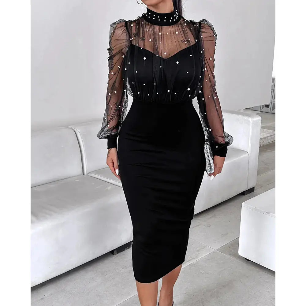 Women's Sheer Mesh Beaded Bodycon Dress, Long Sleeve Slim Fit Maxi Dress for Party, Wedding Guest, Evening Events & Formal Occasion