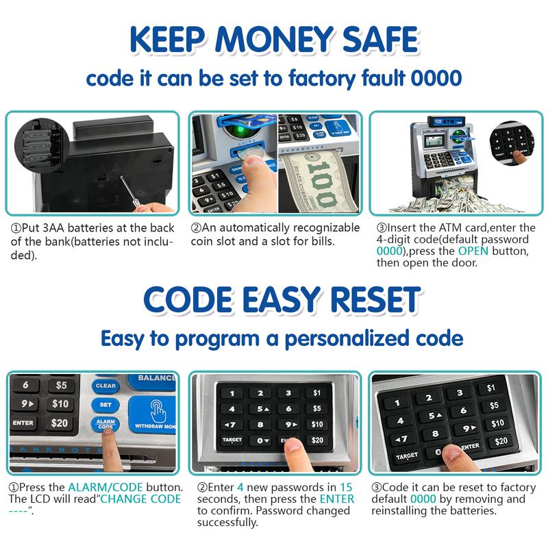 Kids ATM Piggy Bank with Password, Coin & Bill Savings Toy with Keypad & Cards for Birthday Gifts