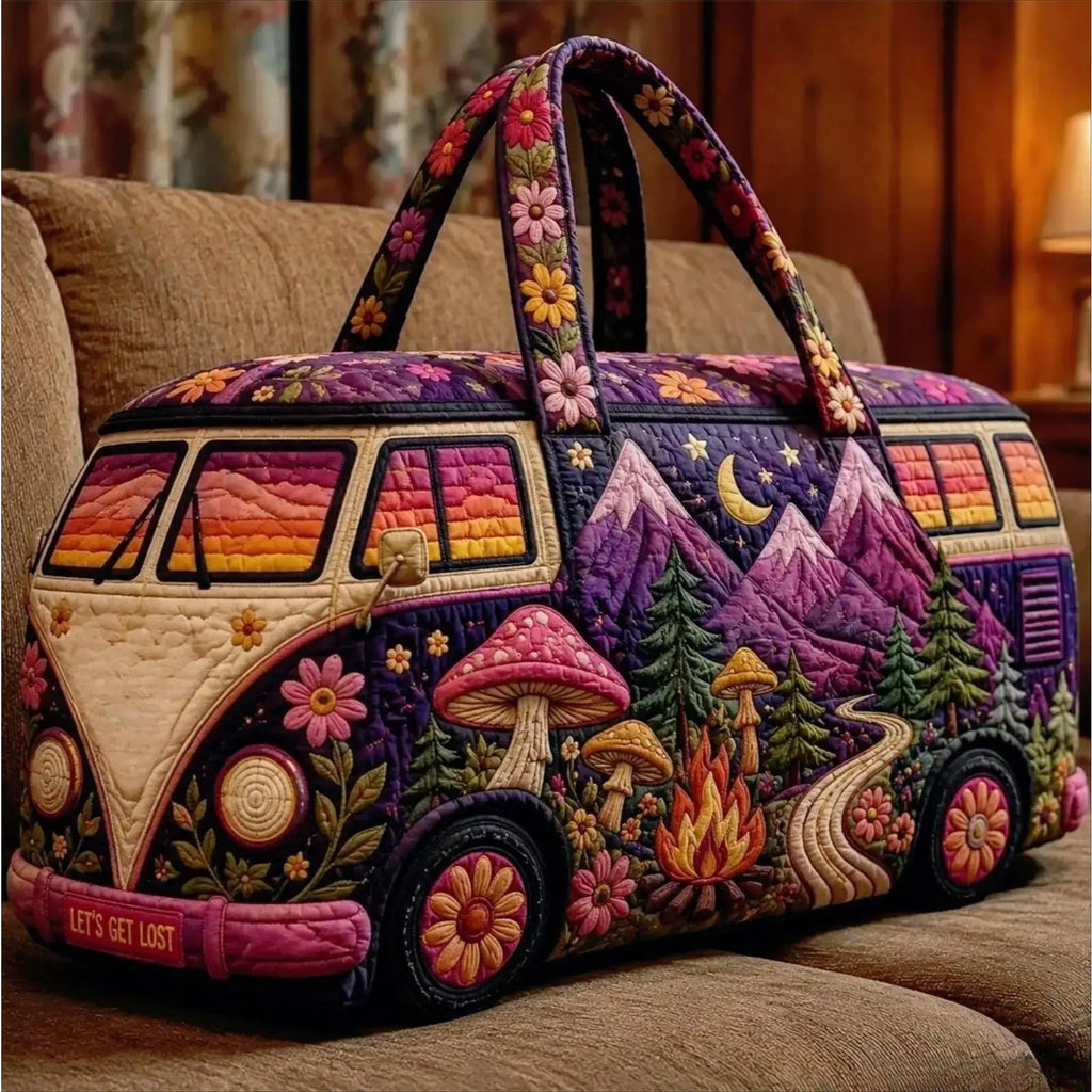Boho Mushroom Van Weekender Bag - Large Capacity Quilted Duffel Travel Tote, Hippie Aesthetic Carry On Bag for Women, Gym Camping Vacation,summerwins,father'sdaygifts,campingessentials,campinggear