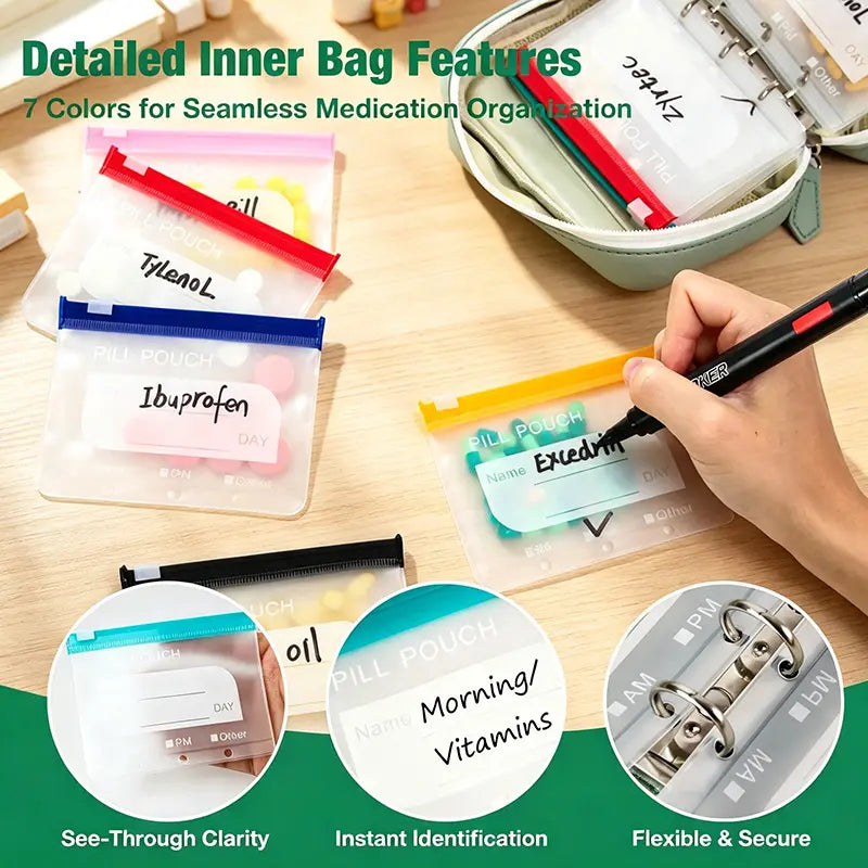 14-Piece Waterproof Pill Organizer Set with Zipper Pouches, Color-Coded Storage Bags for Vitamins, Supplements, Fish Oil & Travel Essentials