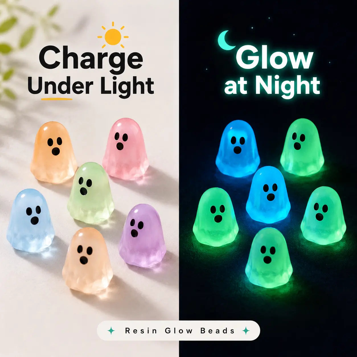20/50-Pack Glow Ghost Resin Beads, Luminous Halloween Charms for DIY Crafts, Party Decor & Mini Displays