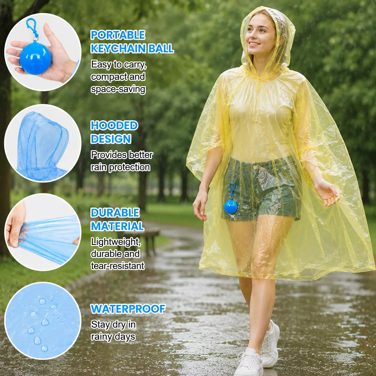 Waterproof Hooded Disposable Rain Poncho with Keychain Ball, Portable Tear-Resistant Raincoat for Camping & Travel