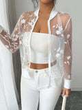 Women's Floral Embroidered Mesh Zip-Up Jacket, Lightweight Sheer Long Sleeve Layer for Spring & Summer