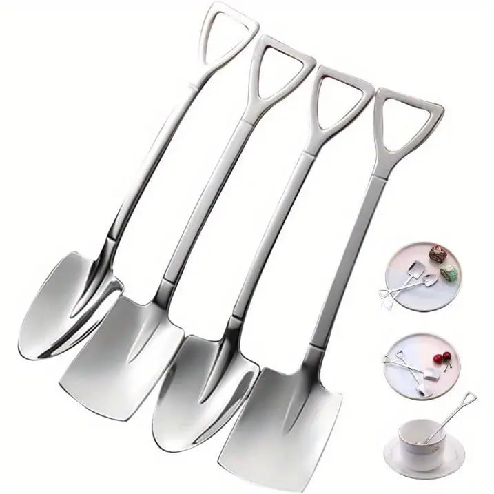 4 Pack Shovel Stainless Steel Dessert Spoon Set, Ice Cream, Cake, Fruit & Coffee Spoons for Home Kitchen Use