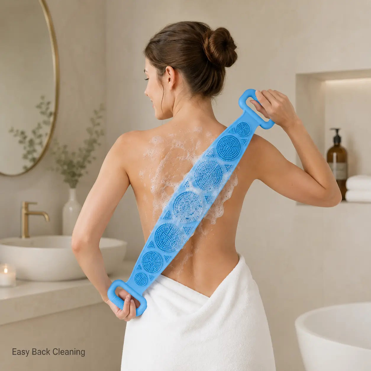 Double-Sided Silicone Bath Brush with Mesh Sponge, Long Back Scrubber Strap with Soft Bristles & Handles for Full-Body Cleansing