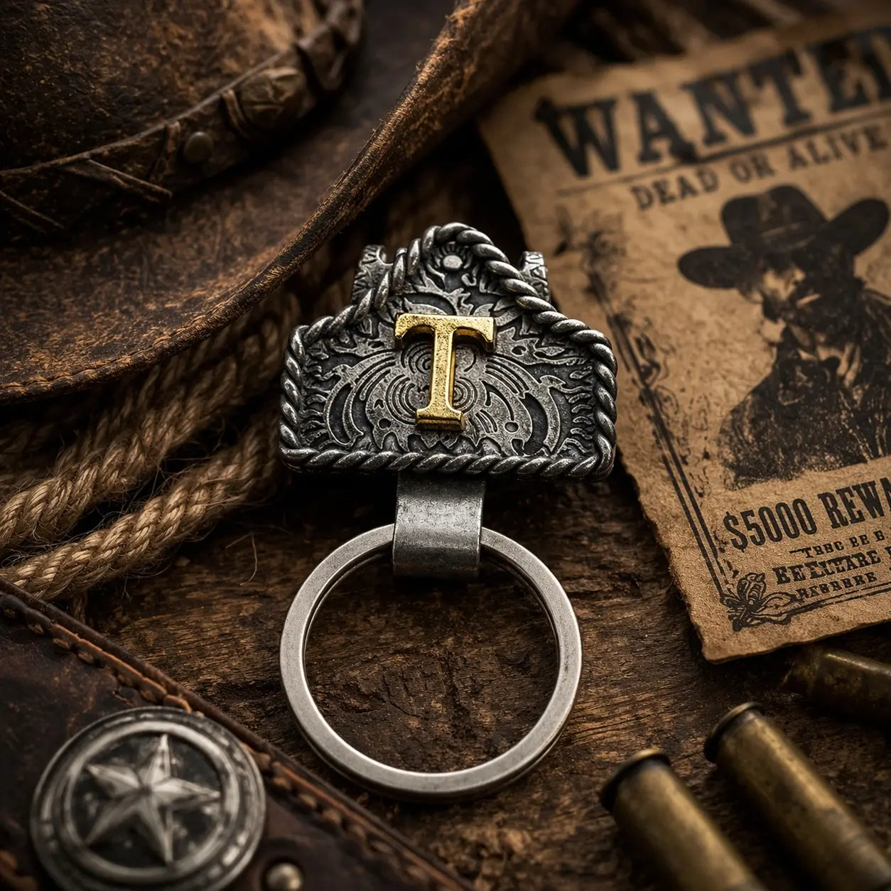 Western Cow Tag Initial Keychain - Handmade Copper Letter