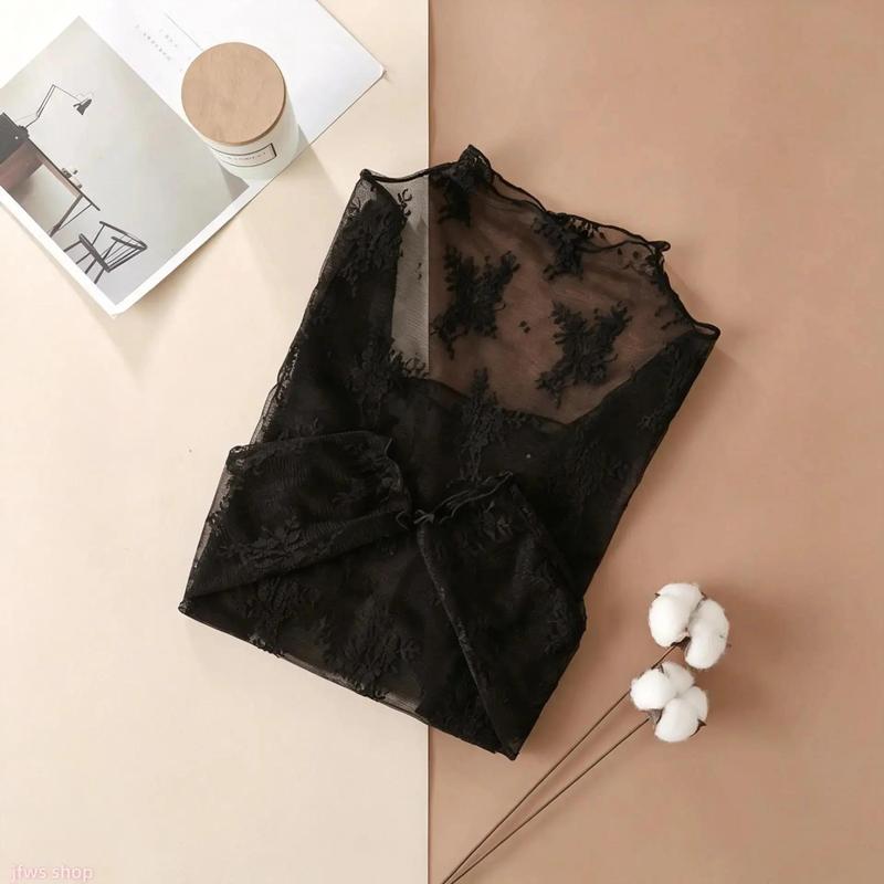 Women’s 3-Piece Floral Lace Mesh Long-Sleeve Layering Top Set