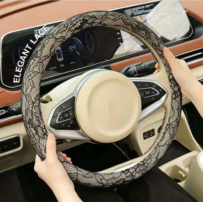 Lace Steering Wheel Cover 15 Inch Diameter Elegant Black with Large Cute Bow-knot Design Aesthetic Car Interior Decoration Non-Slip Universal Fit  for Women men