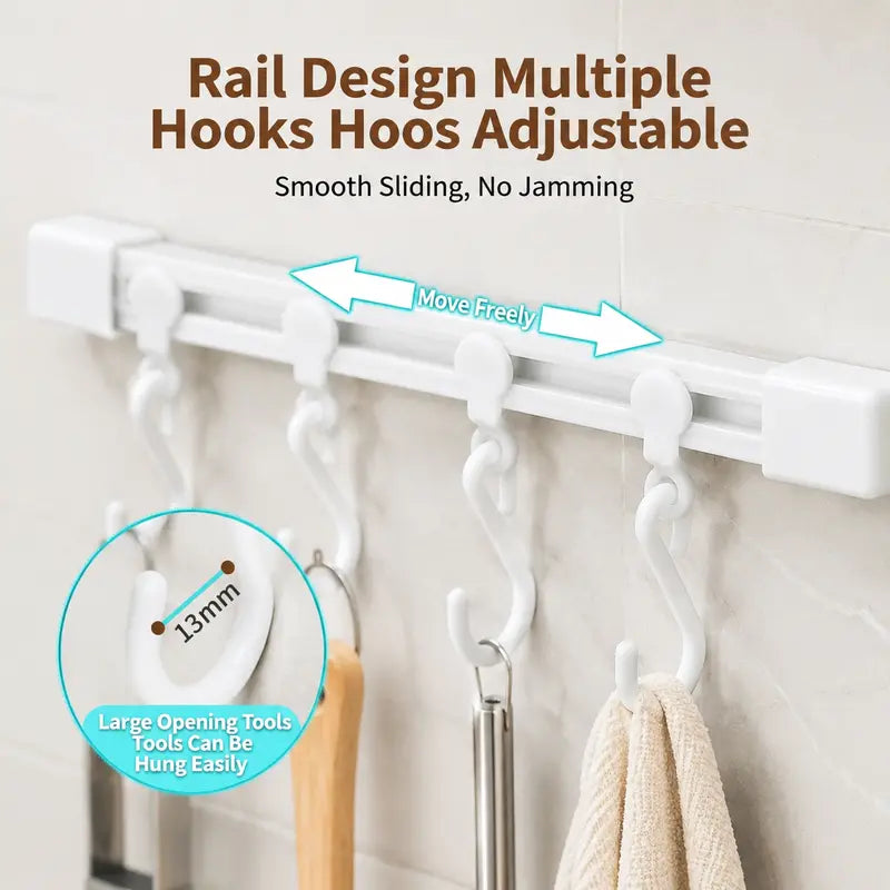 Adjustable 10-Hook Adhesive Slide Rail Wall Organizer, Hanging Storage Rack for Kitchen, Bathroom & Bedroom