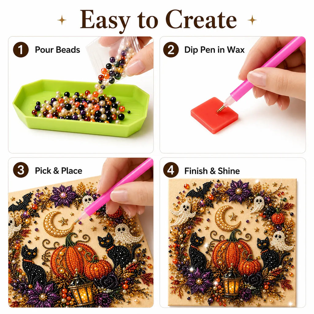 Halloween 5D Diamond Painting Kit with Tools, DIY Gem Art Canvas for Adults & Teens, Pumpkin Ghost Witch Cat Wall Decor Craft